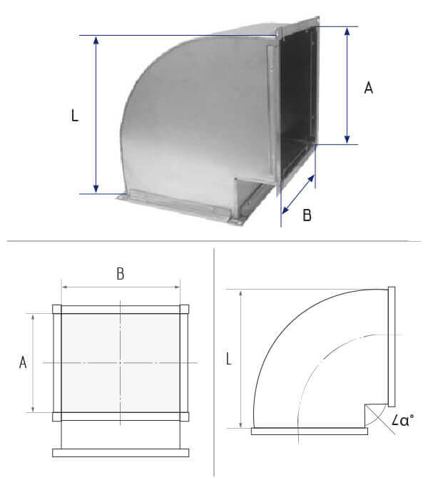 картинка Отвод прямоугольный 100х200 угол 90° шейка  50х50 фланец [20] - оцинкованная сталь 0,5 мм