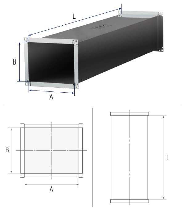 картинка Воздуховод прямоугольный 150х100 длина 200 фланец [20] (оцинкованная сталь 0,5 мм)
