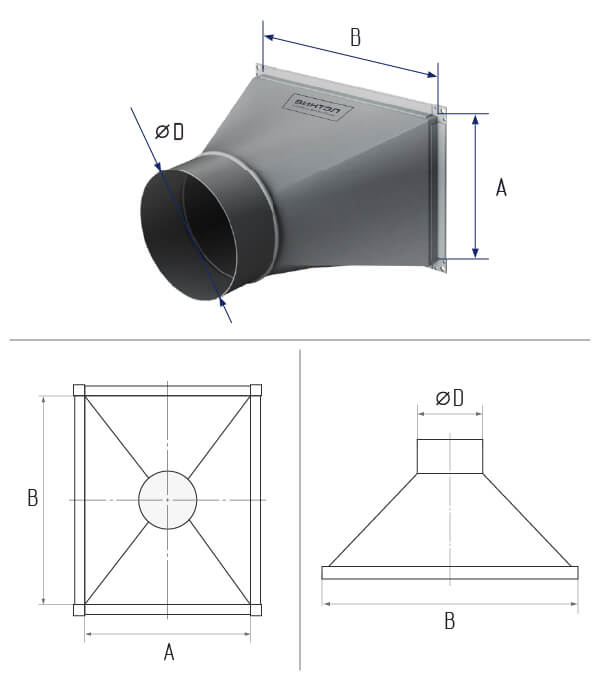 картинка Переход с прямоугольного 400х150 на круглое d 200 длина 300 тип-1 фланец [20-нп] - оцинкованная сталь 0,5 мм