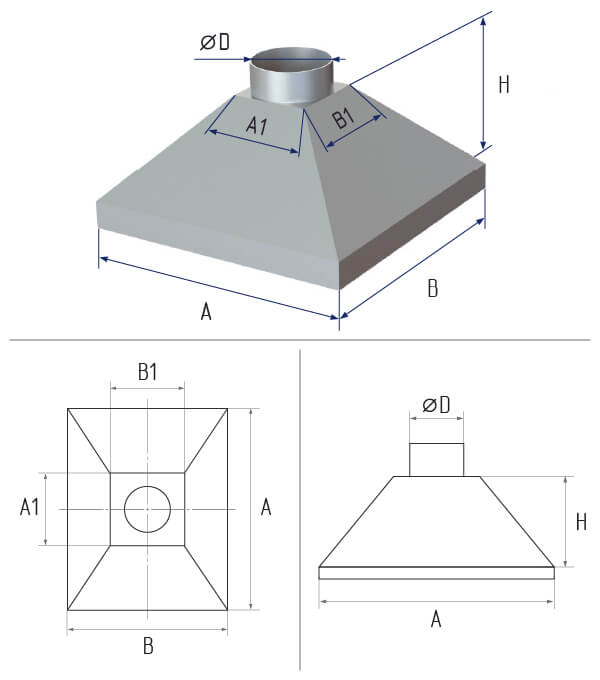 картинка Зонт вытяжной прямоугольный 500х850 высота 350 площадка 250*250 врезка d 200 - оцинкованная сталь 0,7 мм