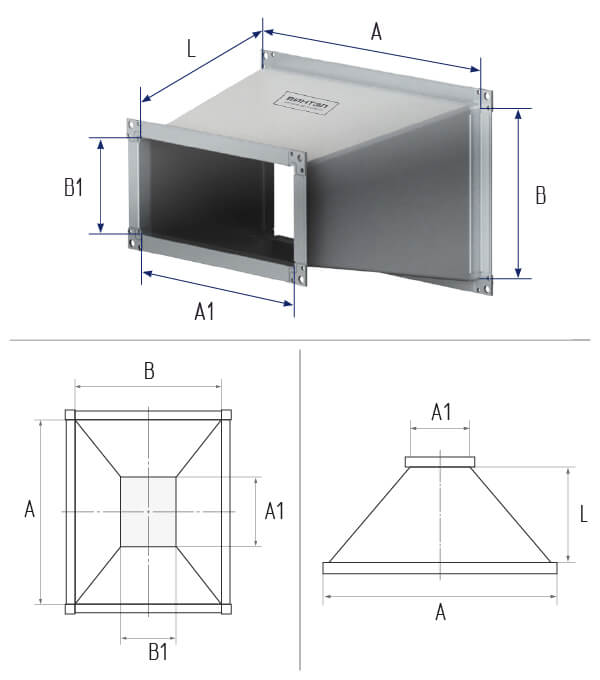 картинка Переход прямоугольный 400х400 / 100х300 длина 300 тип-1 фланец [20] - оцинкованная сталь 0,5 мм