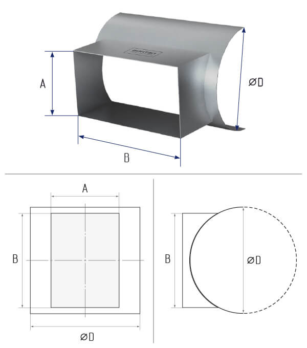 картинка Врезка прямоугольная 150х150 в круглую трубу d 160 длиной 100 фланец [20-0] - оцинкованная сталь 0,7 мм