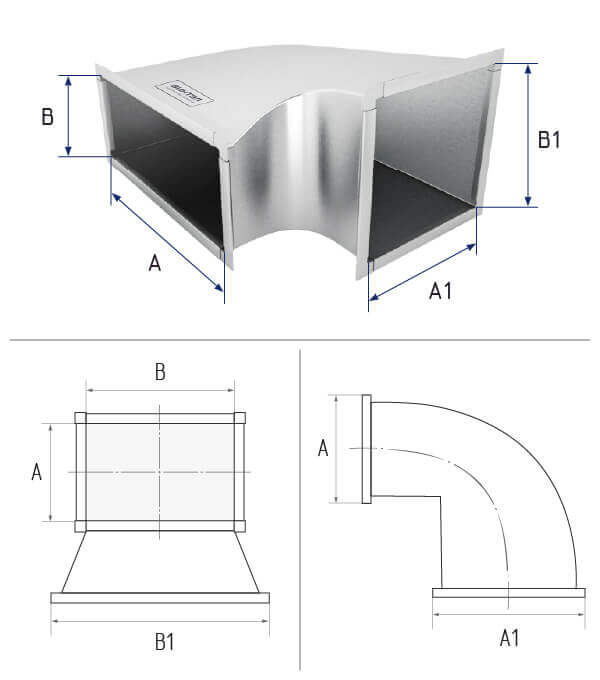 картинка Отвод-переход прямоугольный 100*150 / 75х150 угол 90° шейка 50х50 фланец [без.фл] - оцинкованная сталь 0,5 мм