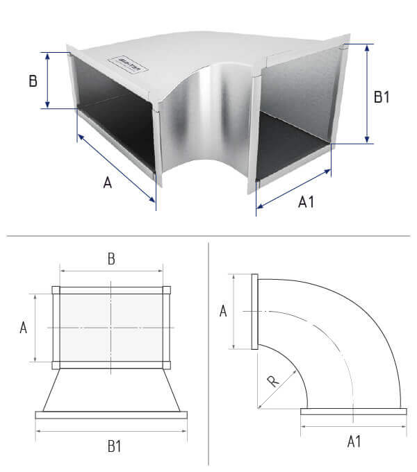картинка Отвод-переход прямоугольный 550х550 / 500х500 угол 90° фланец [20] - оцинкованная сталь 0,7 мм