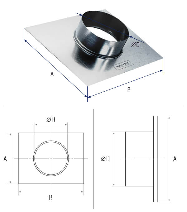 картинка Врезка круглая d 410 в площадку 600х600 длиной 100 (оцинкованная сталь 0,5 мм)