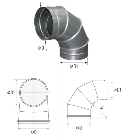 Отвод-переход круглый d 125/100-90° R-150 [нп] (оцинкованная сталь 0,5 мм)