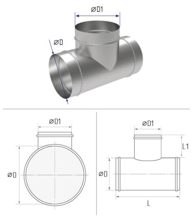 Тройник круглый d 125/125/125 L-250 врезка l1-100 [нп] (оцинкованная сталь 0,5 мм)